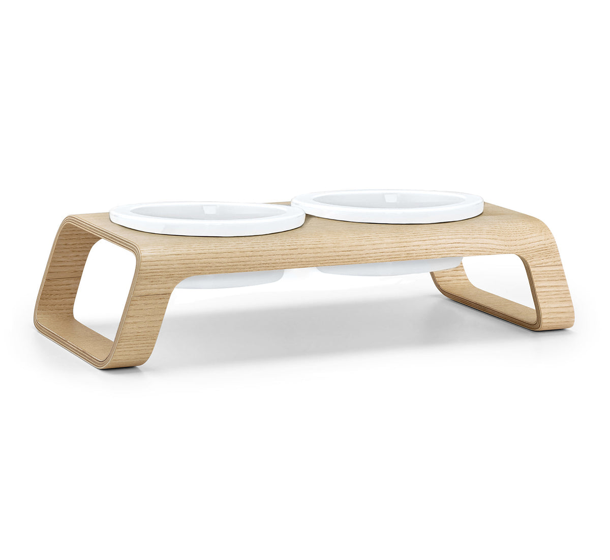 Mangeoire MiaCara Desco pour chien, finition Frêne naturel, bols en porcelaine, taille S. © MiaCara