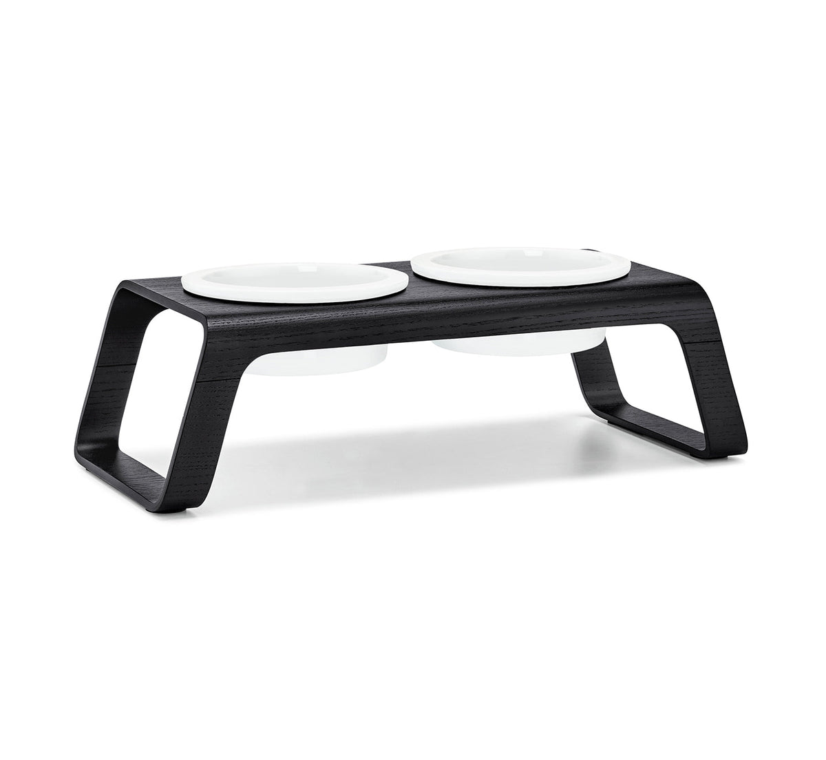 Mangeoire MiaCara Desco pour chien, finition Frêne noir, bols en porcelaine, taille M. © MiaCara