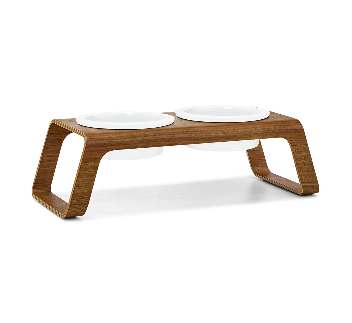 Mangeoire MiaCara Desco pour chien, finition Noyer, bols en porcelaine, taille M. © MiaCara