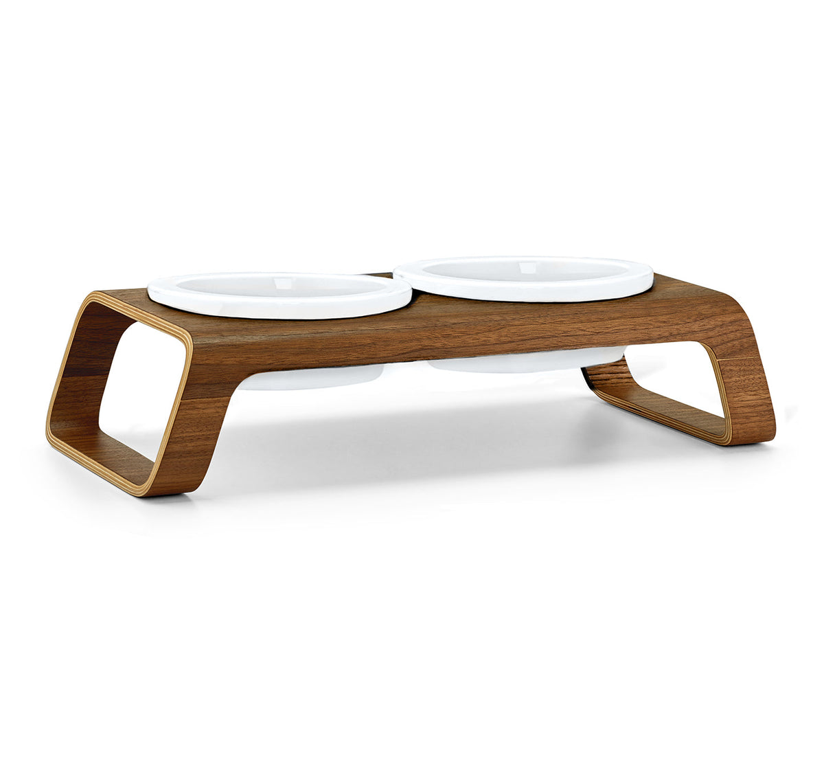 Mangeoire MiaCara Desco pour chien, finition Noyer, bols en porcelaine, taille S. © MiaCara